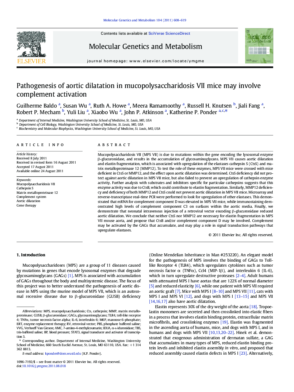 Pathogenesis of aortic dilatation in mucopolysaccharidosis VII mice may involve complement activation