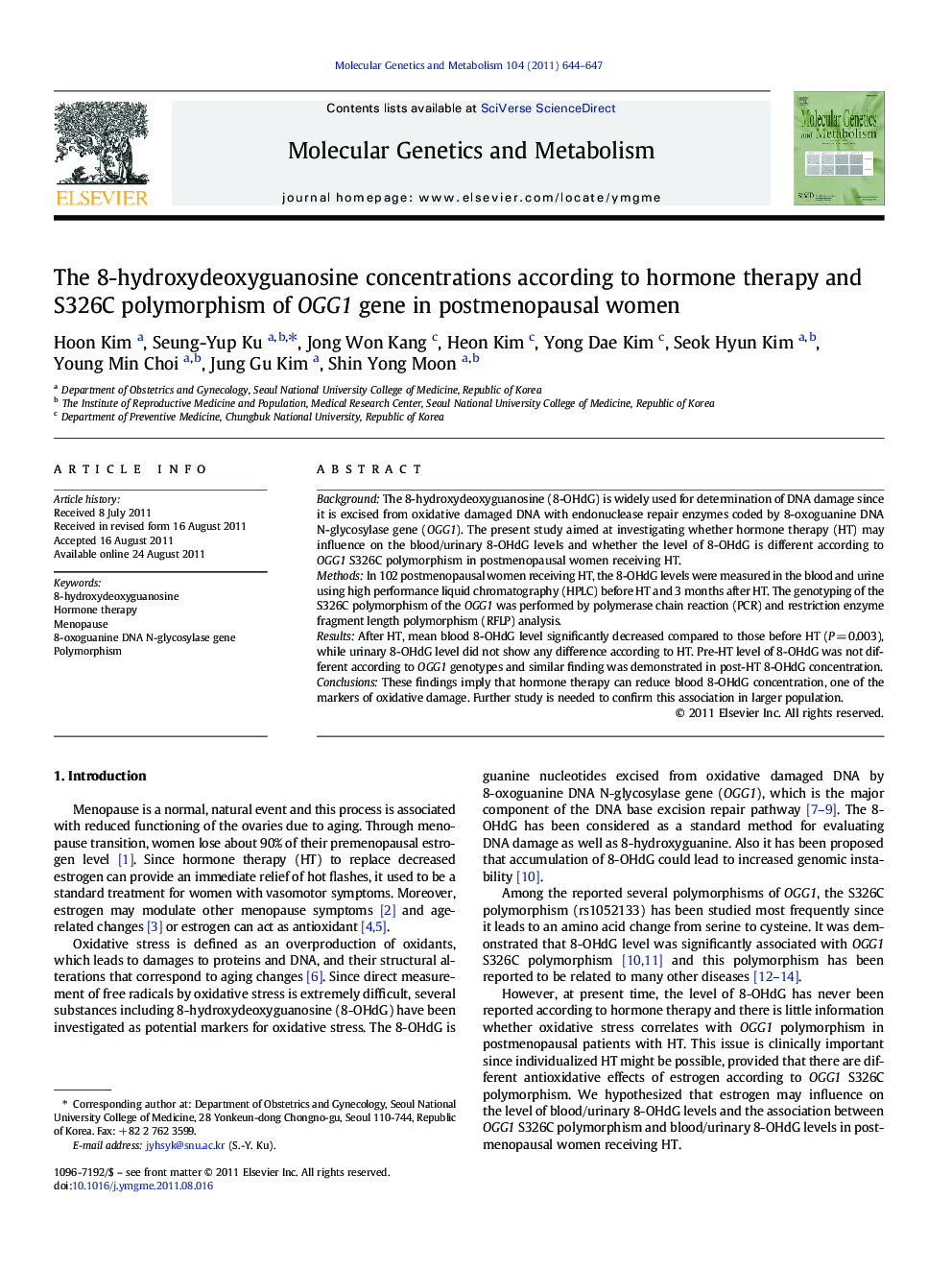 The 8-hydroxydeoxyguanosine concentrations according to hormone therapy and S326C polymorphism of OGG1 gene in postmenopausal women