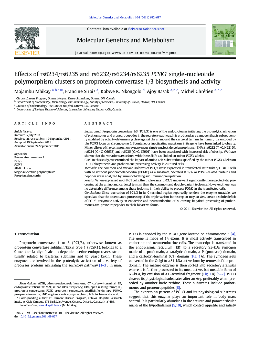 Effects of rs6234/rs6235 and rs6232/rs6234/rs6235 PCSK1 single-nucleotide polymorphism clusters on proprotein convertase 1/3 biosynthesis and activity