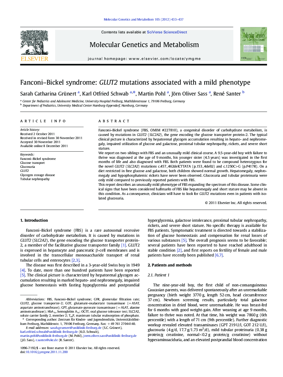 Fanconi-Bickel syndrome: GLUT2 mutations associated with a mild phenotype