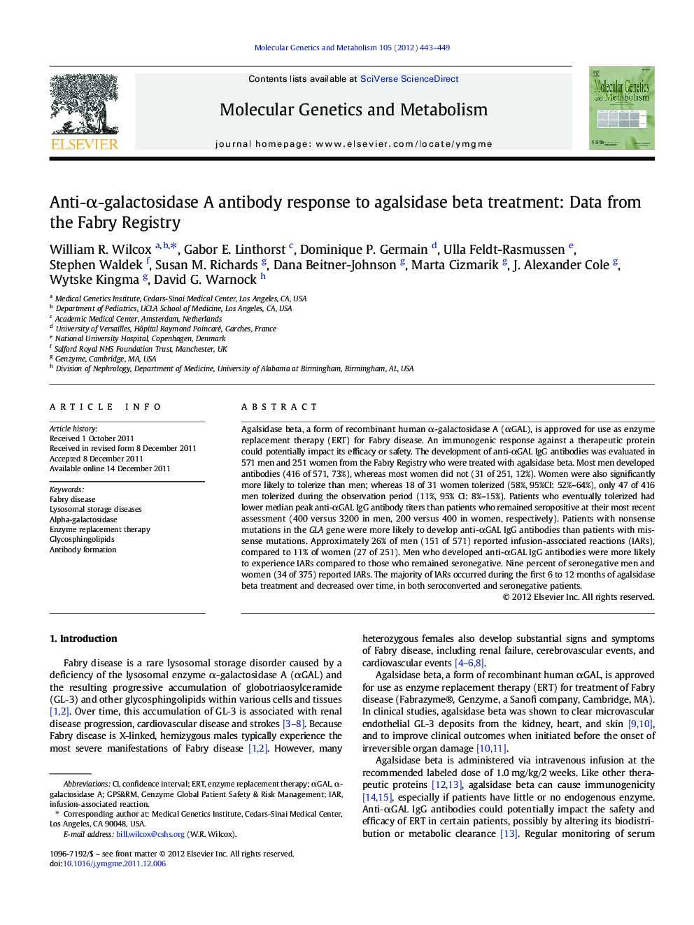 Anti-Î±-galactosidase A antibody response to agalsidase beta treatment: Data from the Fabry Registry