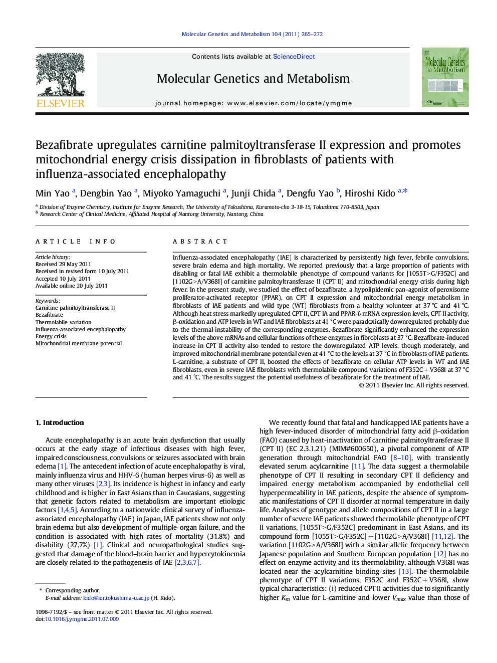 Bezafibrate upregulates carnitine palmitoyltransferase II expression and promotes mitochondrial energy crisis dissipation in fibroblasts of patients with influenza-associated encephalopathy