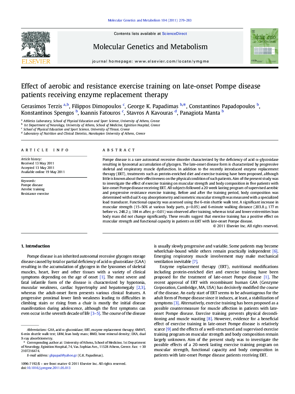 Effect of aerobic and resistance exercise training on late-onset Pompe disease patients receiving enzyme replacement therapy