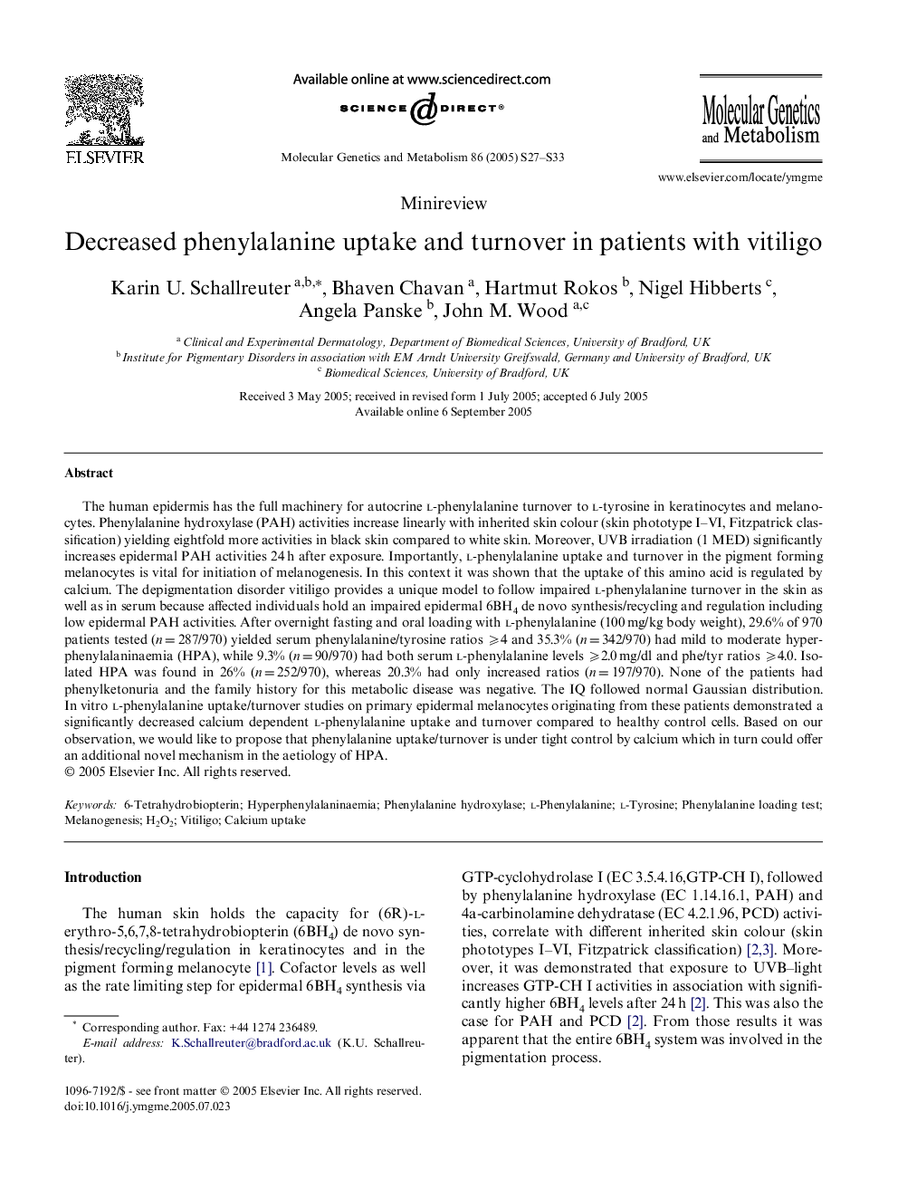 Decreased phenylalanine uptake and turnover in patients with vitiligo