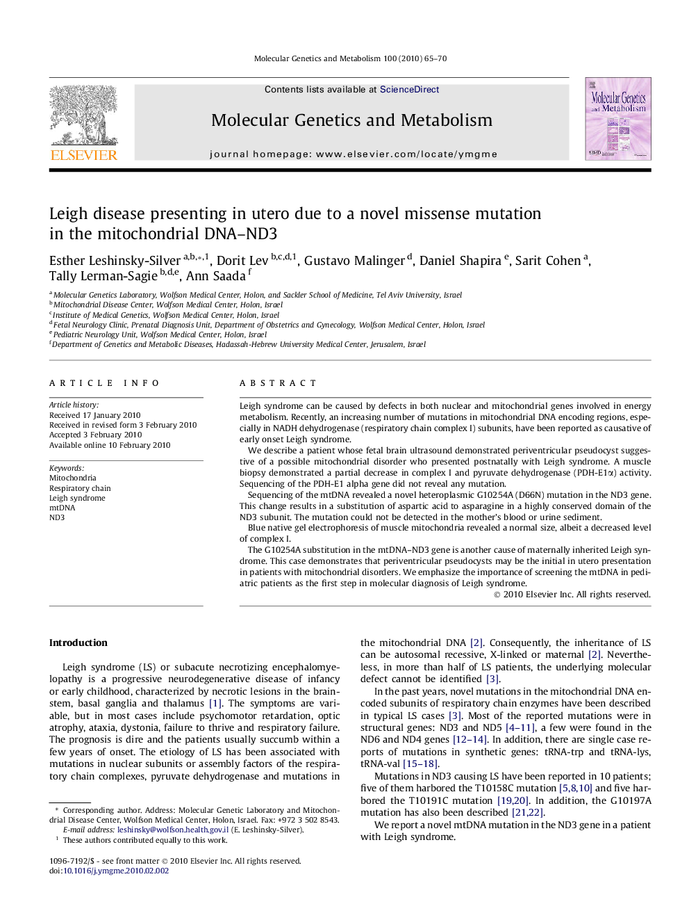 Leigh disease presenting in utero due to a novel missense mutation in the mitochondrial DNA-ND3