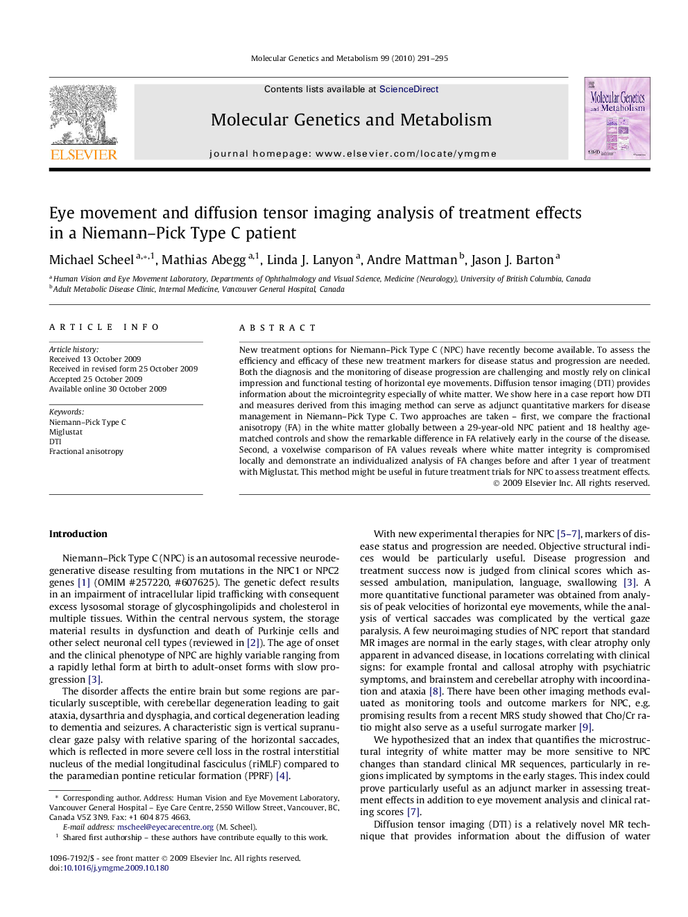 Eye movement and diffusion tensor imaging analysis of treatment effects in a Niemann-Pick Type C patient