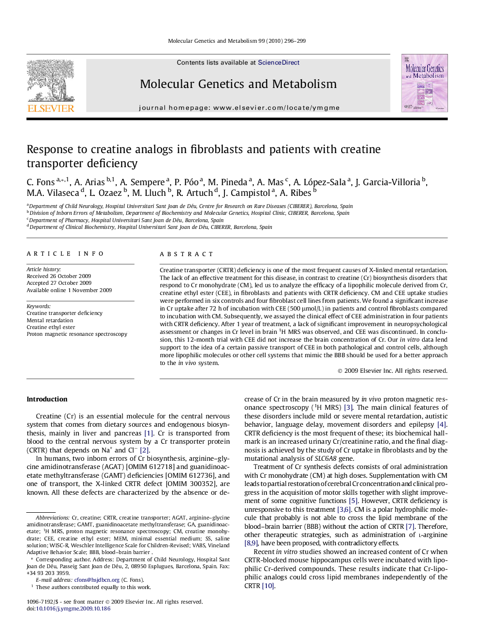 Response to creatine analogs in fibroblasts and patients with creatine transporter deficiency