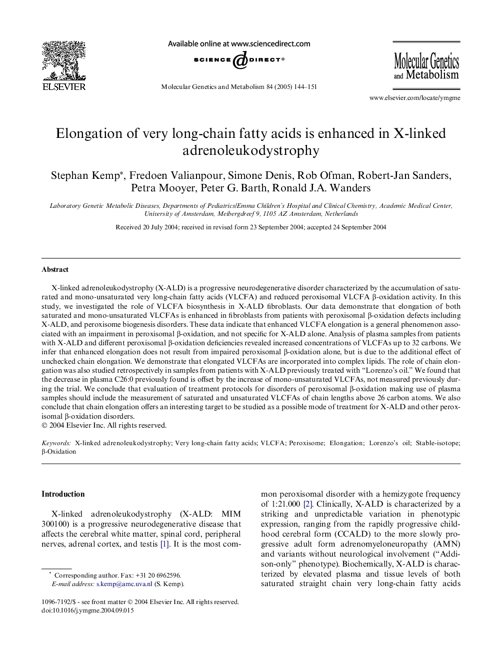 Elongation of very long-chain fatty acids is enhanced in X-linked adrenoleukodystrophy