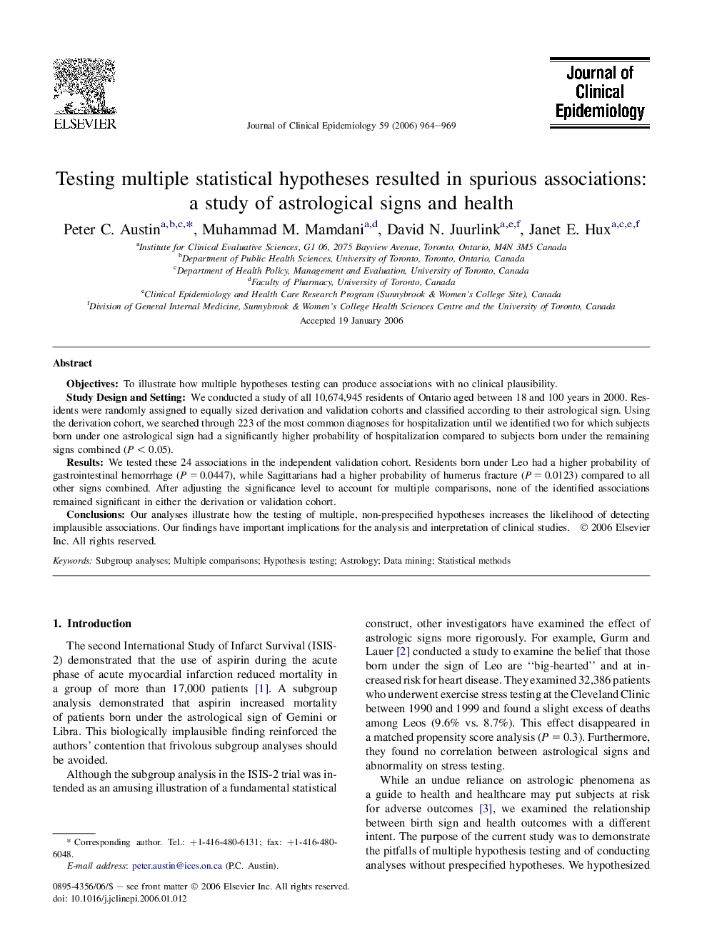 Testing multiple statistical hypotheses resulted in spurious associations: a study of astrological signs and health