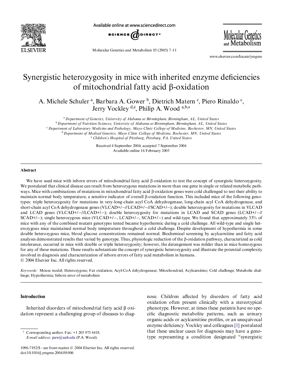 Synergistic heterozygosity in mice with inherited enzyme deficiencies of mitochondrial fatty acid Î²-oxidation