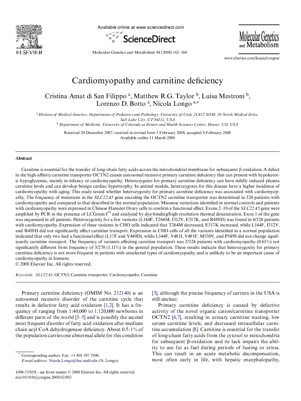 Cardiomyopathy and carnitine deficiency