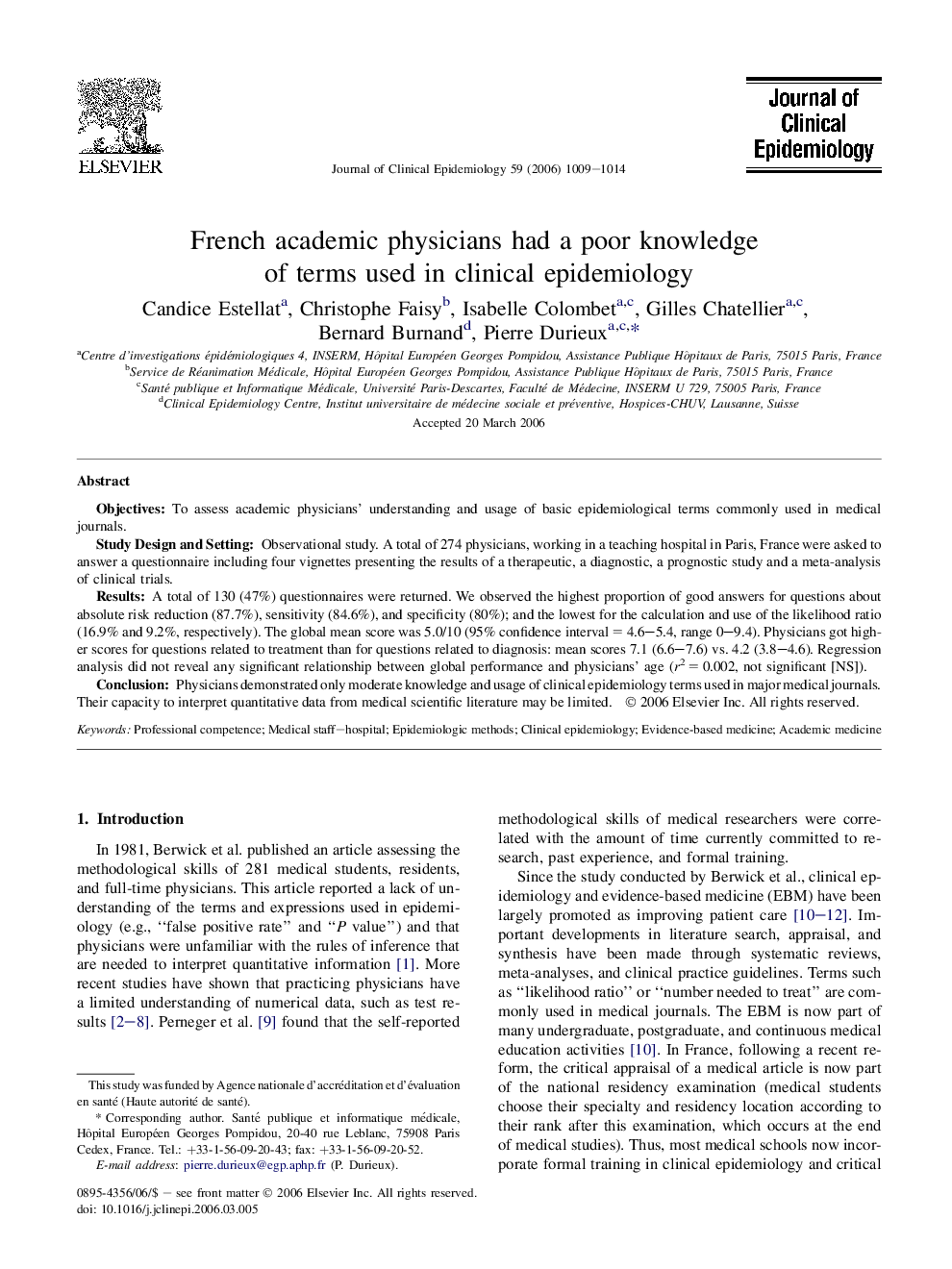 French academic physicians had a poor knowledge of terms used in clinical epidemiology