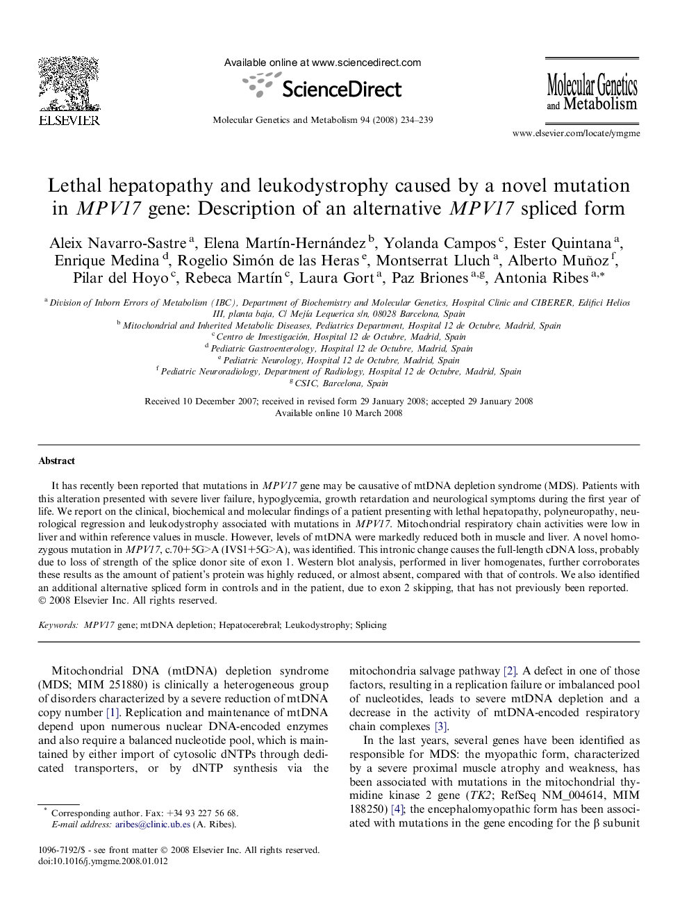 Lethal hepatopathy and leukodystrophy caused by a novel mutation in MPV17 gene: Description of an alternative MPV17 spliced form