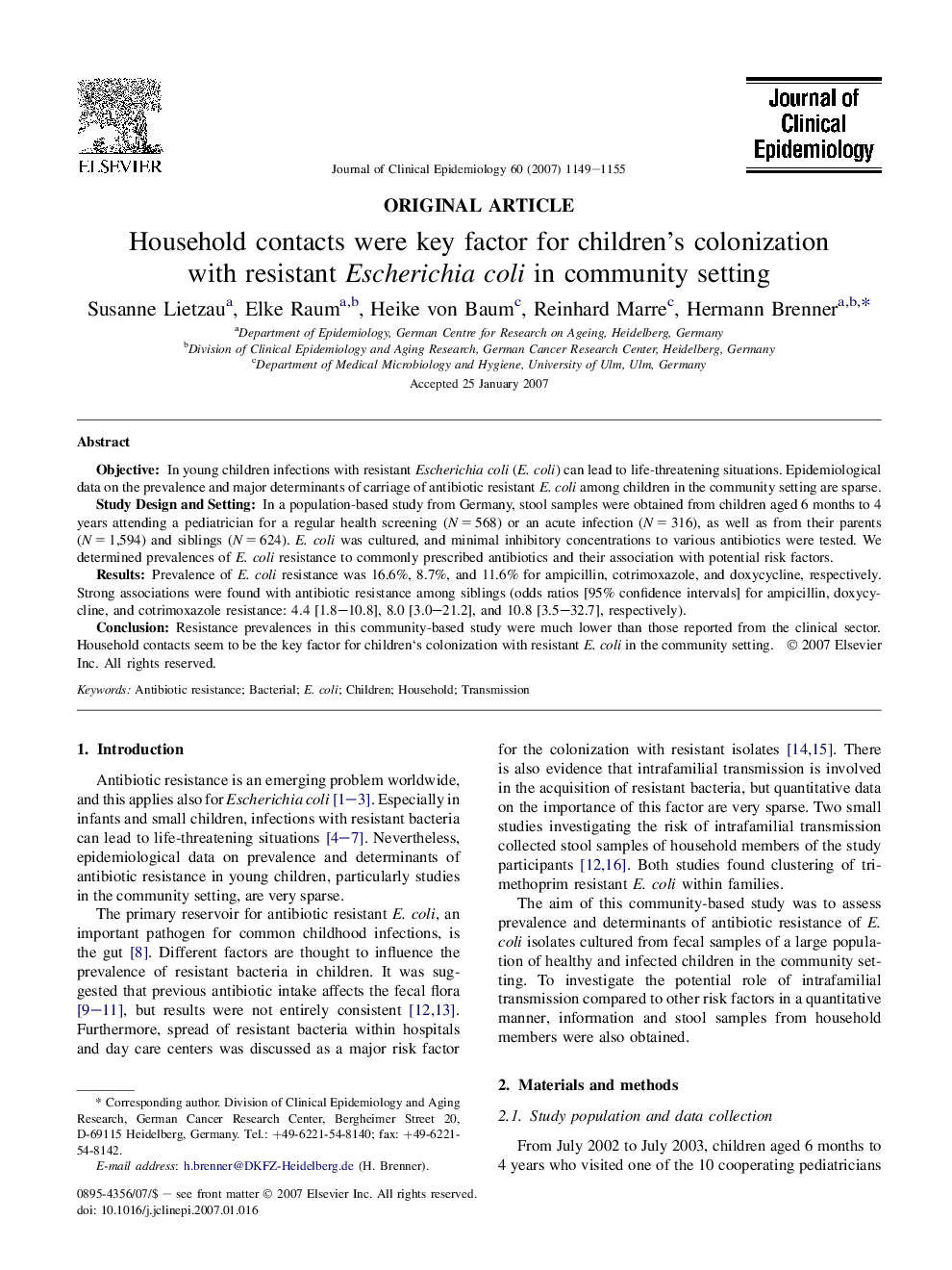 عکس صفحه اول مقاله: Household contacts were key factor for children's colonization with resistant Escherichia coli in community setting Household contacts were key factor for children's colonization with resistant Escherichia coli in community setting