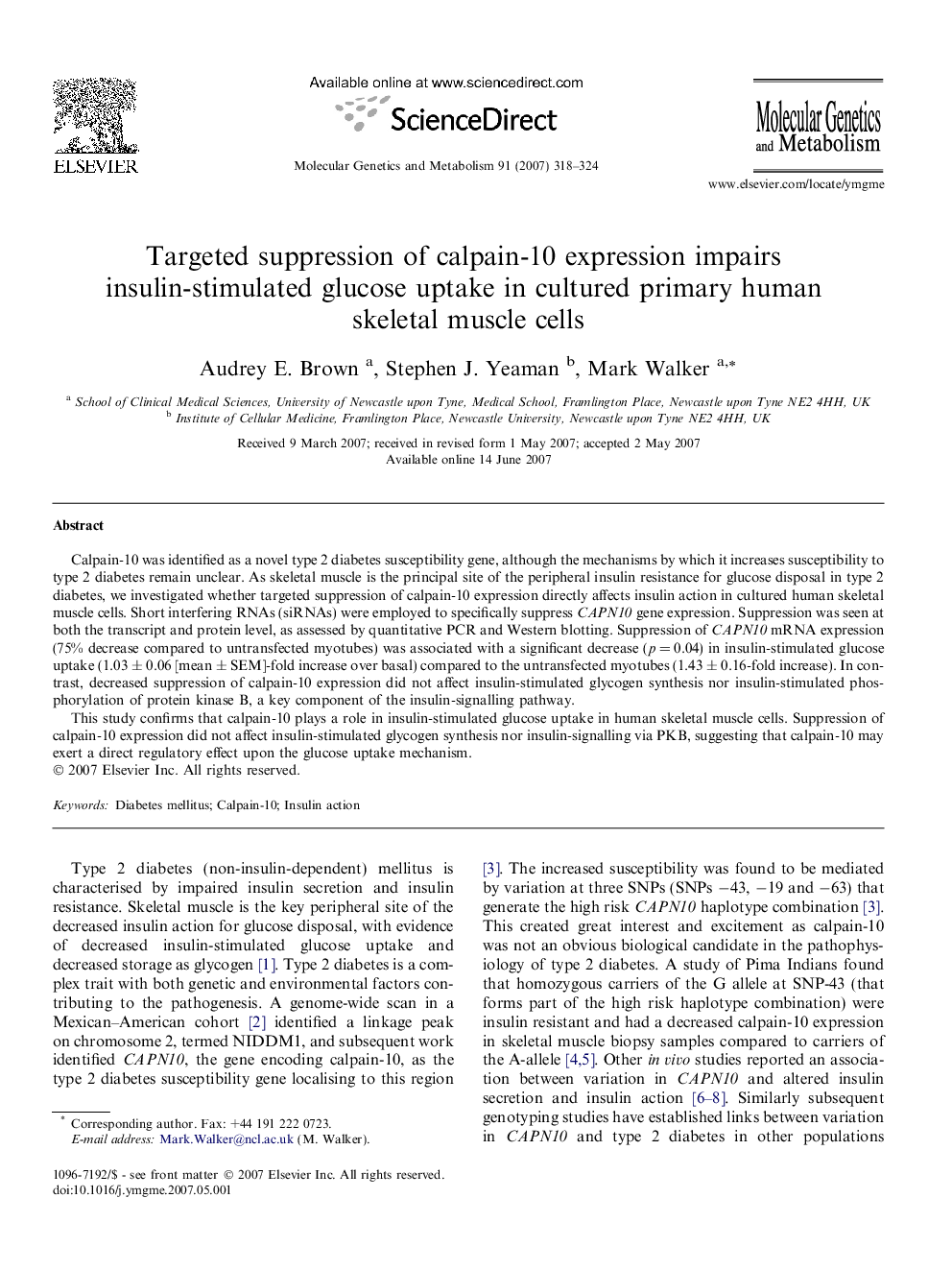 عکس صفحه اول مقاله: Targeted suppression of calpain-10 expression impairs insulin-stimulated glucose uptake in cultured primary human skeletal muscle cells Targeted suppression of calpain-10 expression impairs insulin-stimulated glucose uptake in cultured primary human skeletal muscle cells