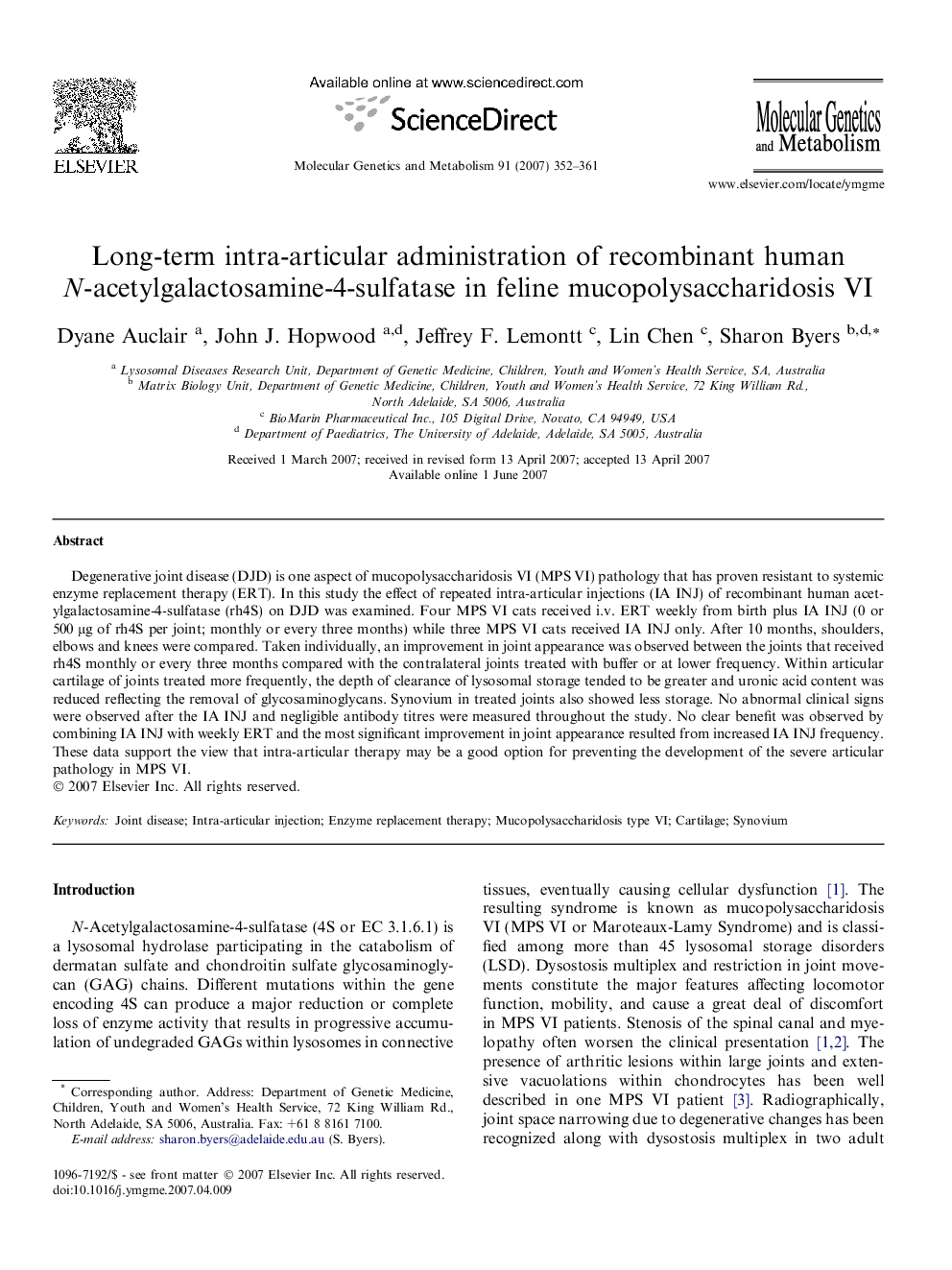 Long-term intra-articular administration of recombinant human N-acetylgalactosamine-4-sulfatase in feline mucopolysaccharidosis VI