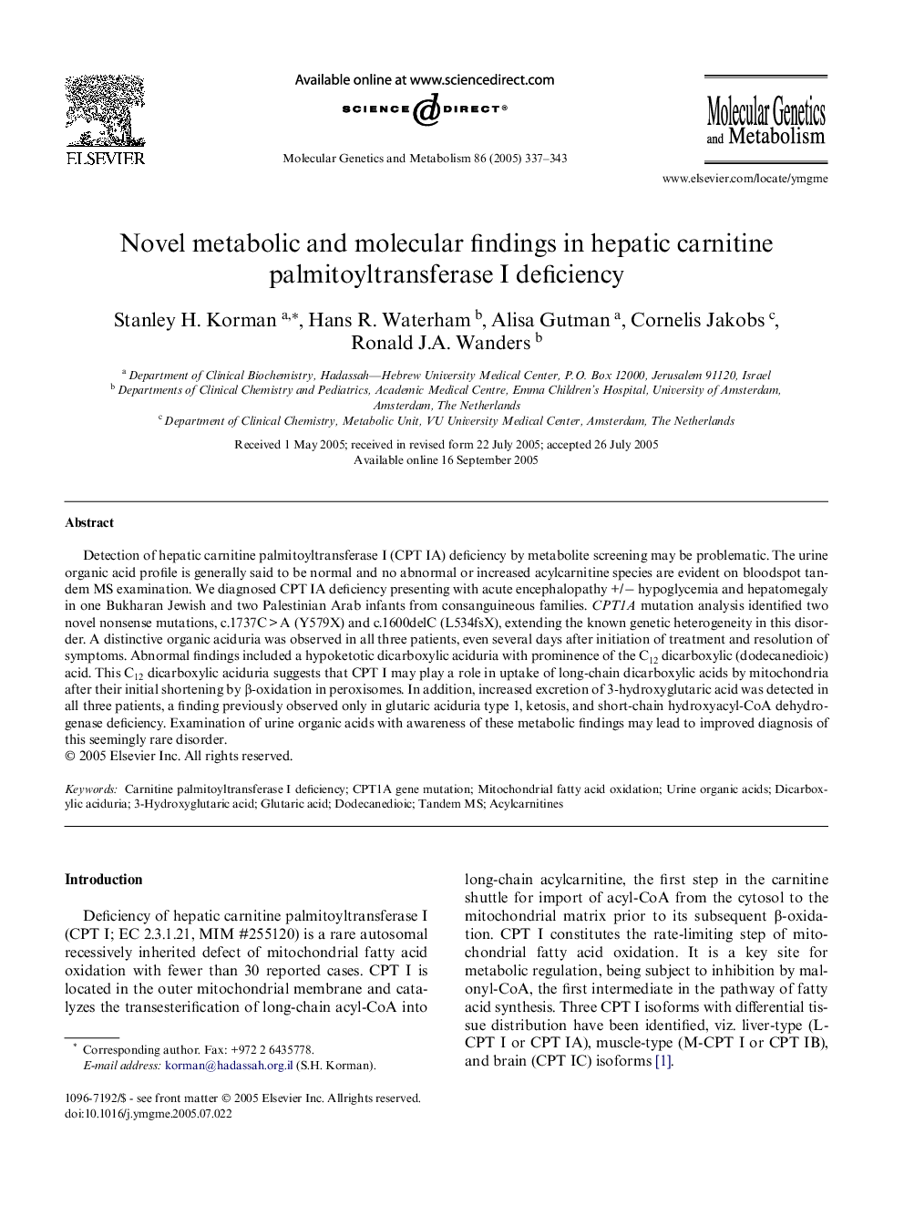 Novel metabolic and molecular findings in hepatic carnitine palmitoyltransferase I deficiency