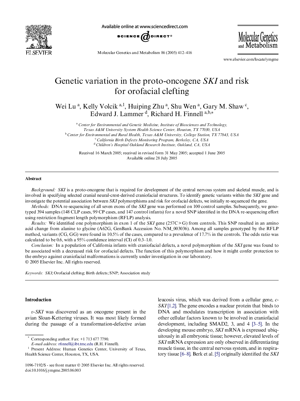 Genetic variation in the proto-oncogene SKI and risk for orofacial clefting