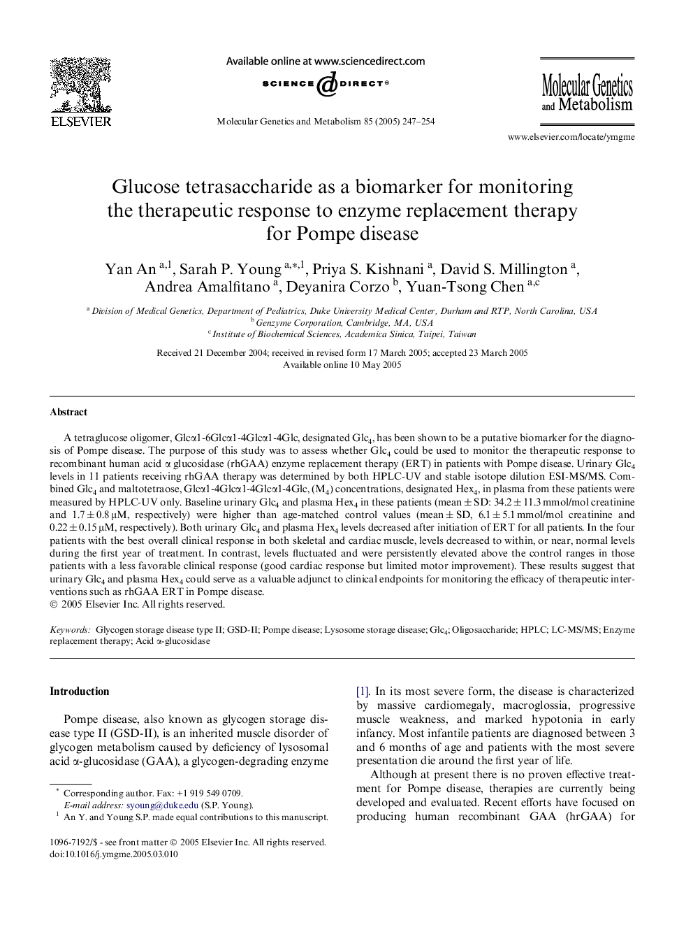 Glucose tetrasaccharide as a biomarker for monitoring the therapeutic response to enzyme replacement therapy for Pompe disease