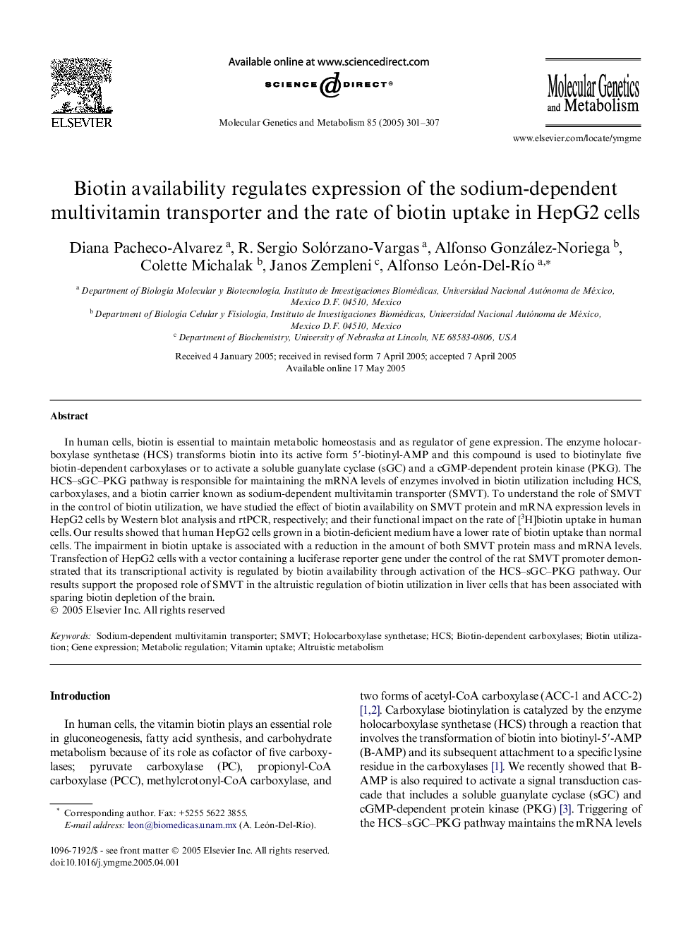 Biotin availability regulates expression of the sodium-dependent multivitamin transporter and the rate of biotin uptake in HepG2 cells