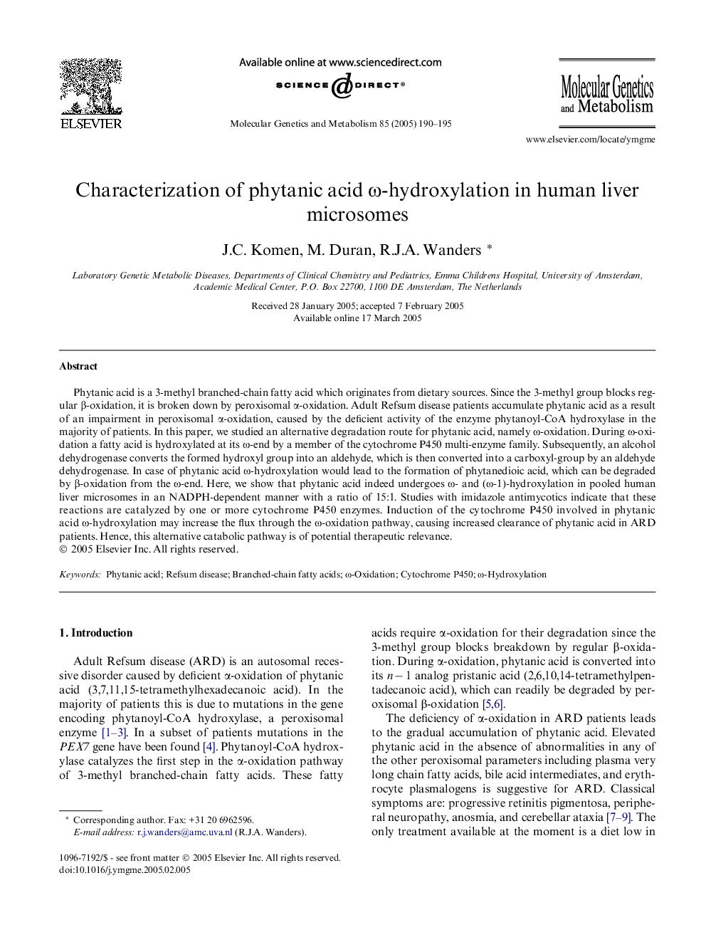 Characterization of phytanic acid Ï-hydroxylation in human liver microsomes