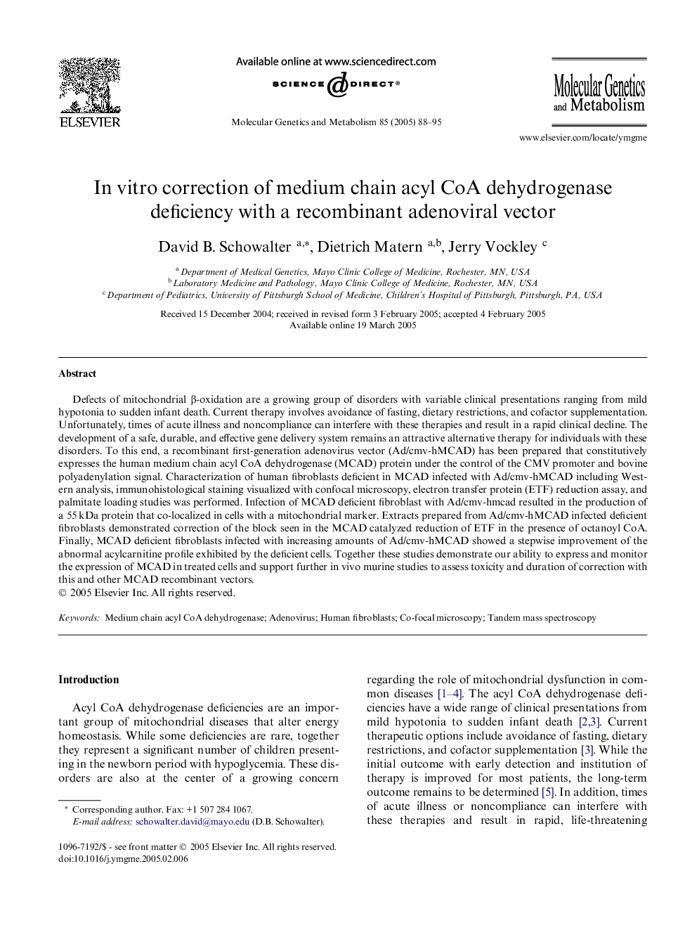 In vitro correction of medium chain acyl CoA dehydrogenase deficiency with a recombinant adenoviral vector