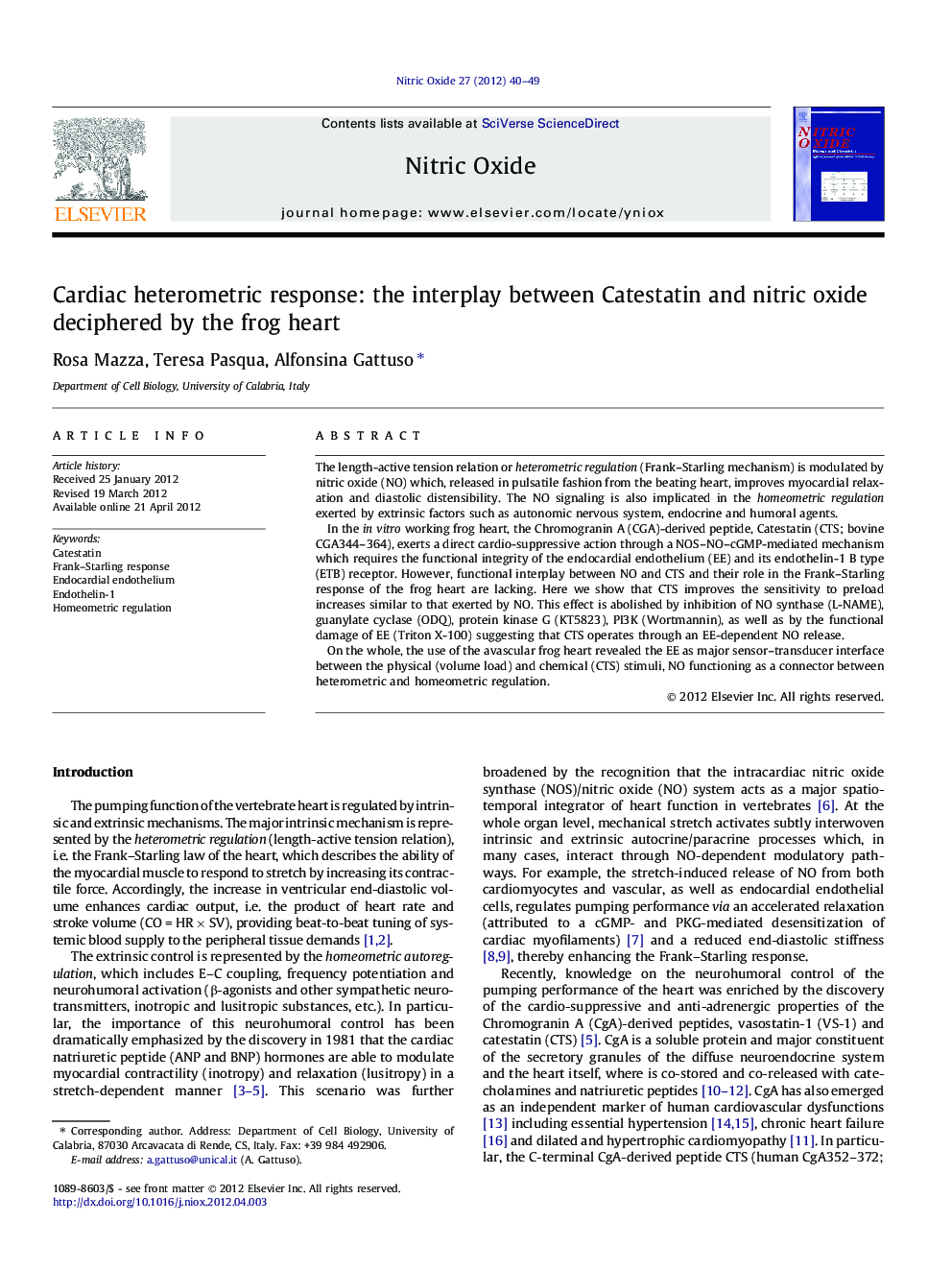 Cardiac heterometric response: the interplay between Catestatin and nitric oxide deciphered by the frog heart