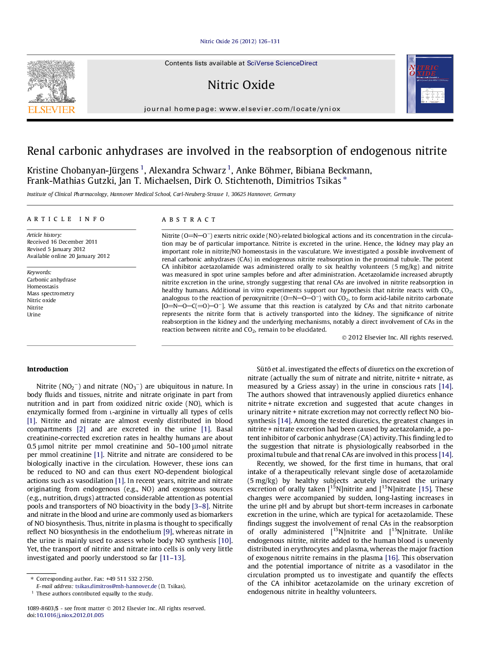 Renal carbonic anhydrases are involved in the reabsorption of endogenous nitrite