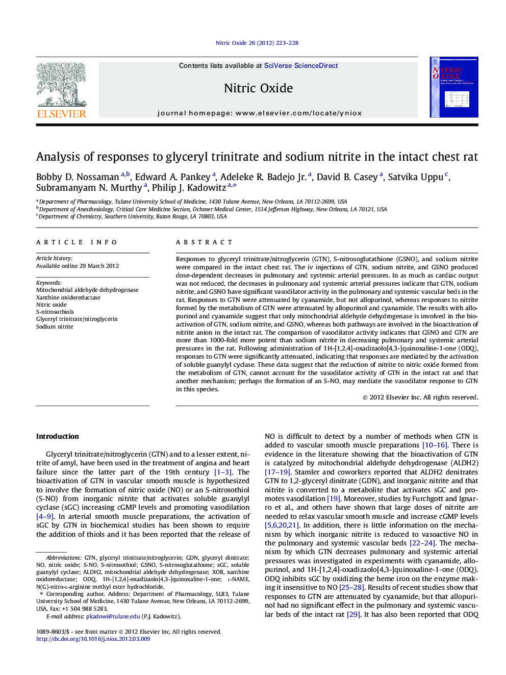 Analysis of responses to glyceryl trinitrate and sodium nitrite in the intact chest rat