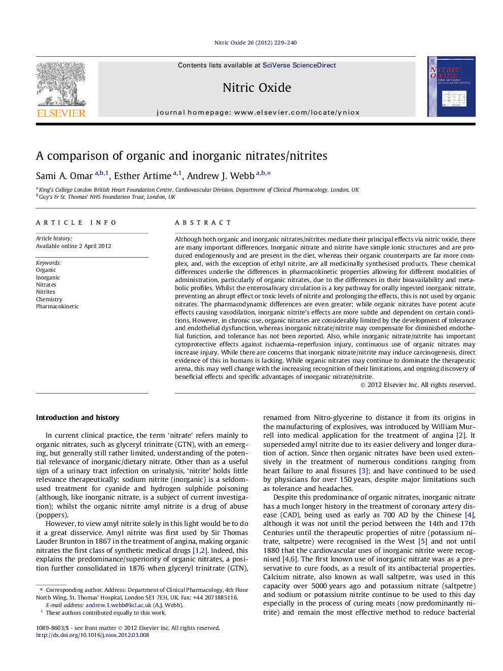 A comparison of organic and inorganic nitrates/nitrites