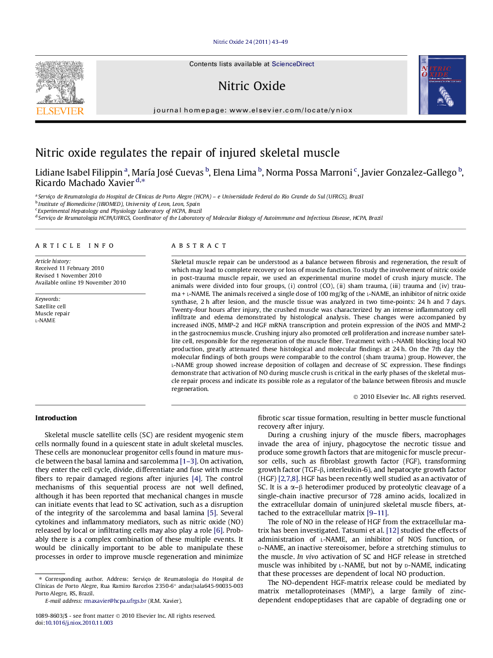 Nitric oxide regulates the repair of injured skeletal muscle