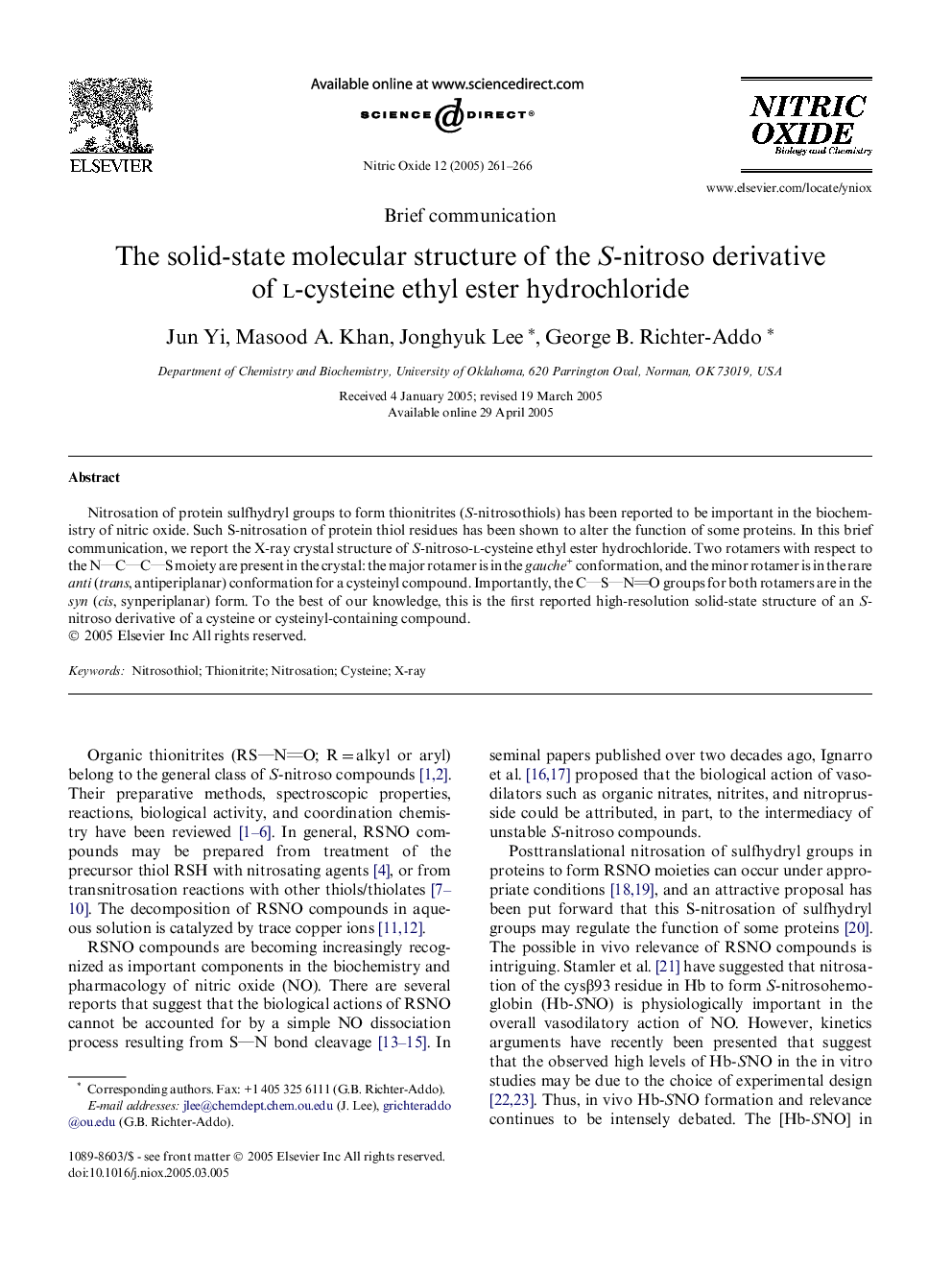 The solid-state molecular structure of the S-nitroso derivative of l-cysteine ethyl ester hydrochloride