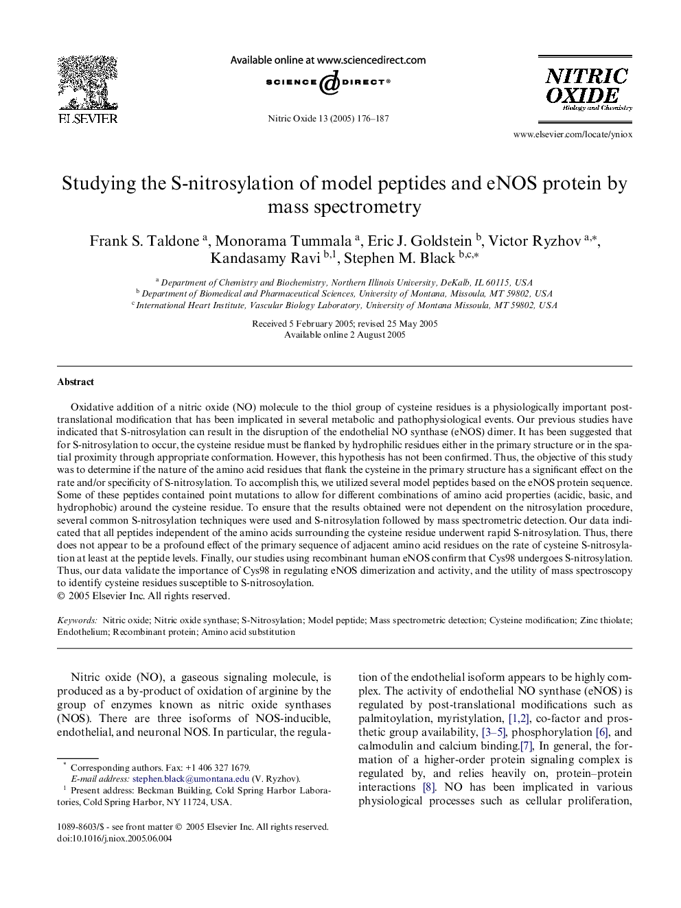 Studying the S-nitrosylation of model peptides and eNOS protein by mass spectrometry