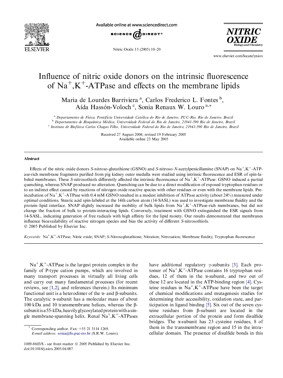 Influence of nitric oxide donors on the intrinsic fluorescence of Na+,K+-ATPase and effects on the membrane lipids