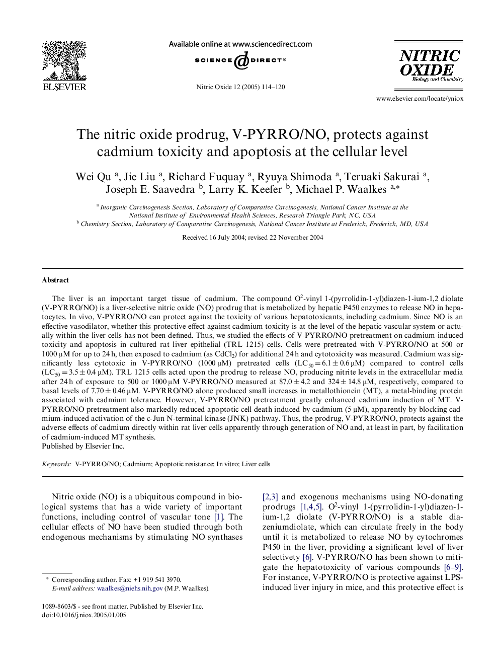 The nitric oxide prodrug, V-PYRRO/NO, protects against cadmium toxicity and apoptosis at the cellular level