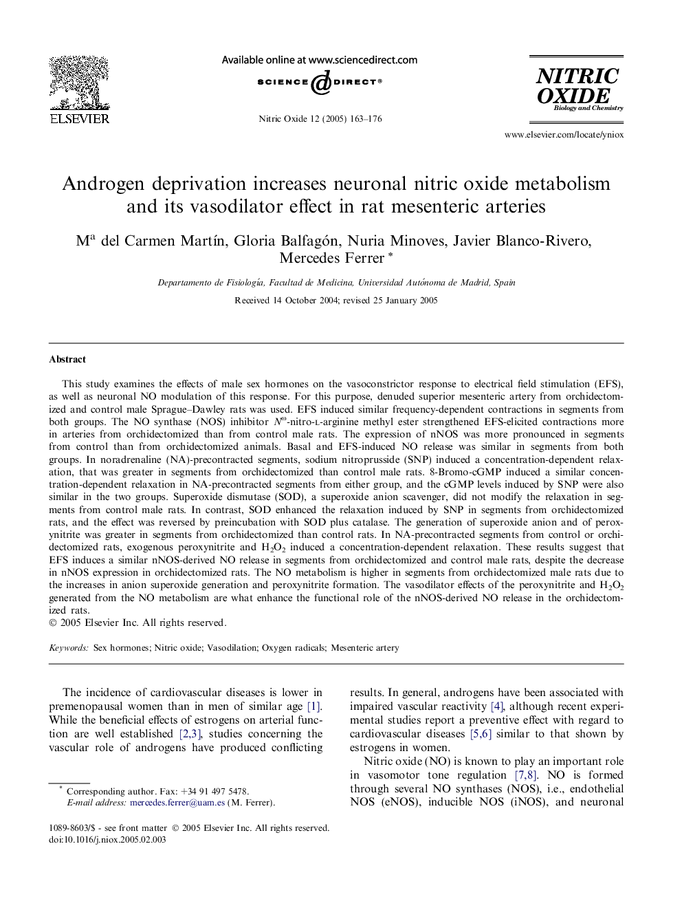 Androgen deprivation increases neuronal nitric oxide metabolism and its vasodilator effect in rat mesenteric arteries