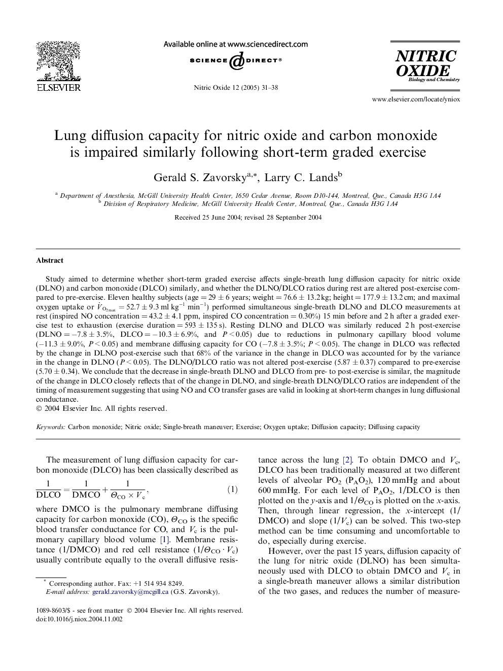 Lung diffusion capacity for nitric oxide and carbon monoxide is impaired similarly following short-term graded exercise