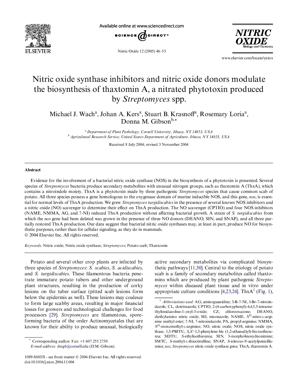 Nitric oxide synthase inhibitors and nitric oxide donors modulate the biosynthesis of thaxtomin A, a nitrated phytotoxin produced by Streptomyces spp.