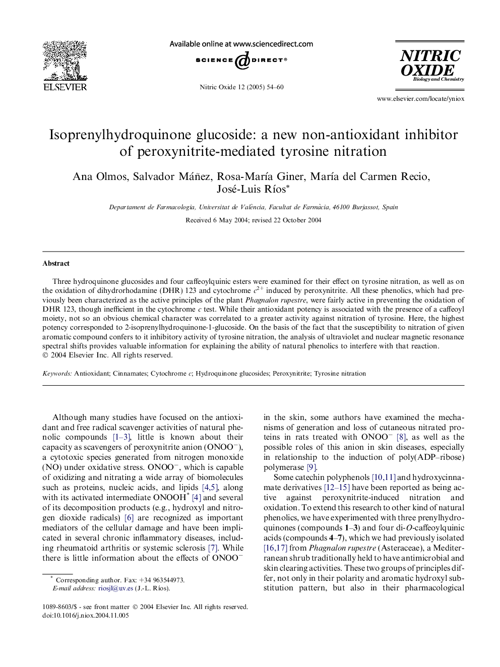 Isoprenylhydroquinone glucoside: a new non-antioxidant inhibitor of peroxynitrite-mediated tyrosine nitration