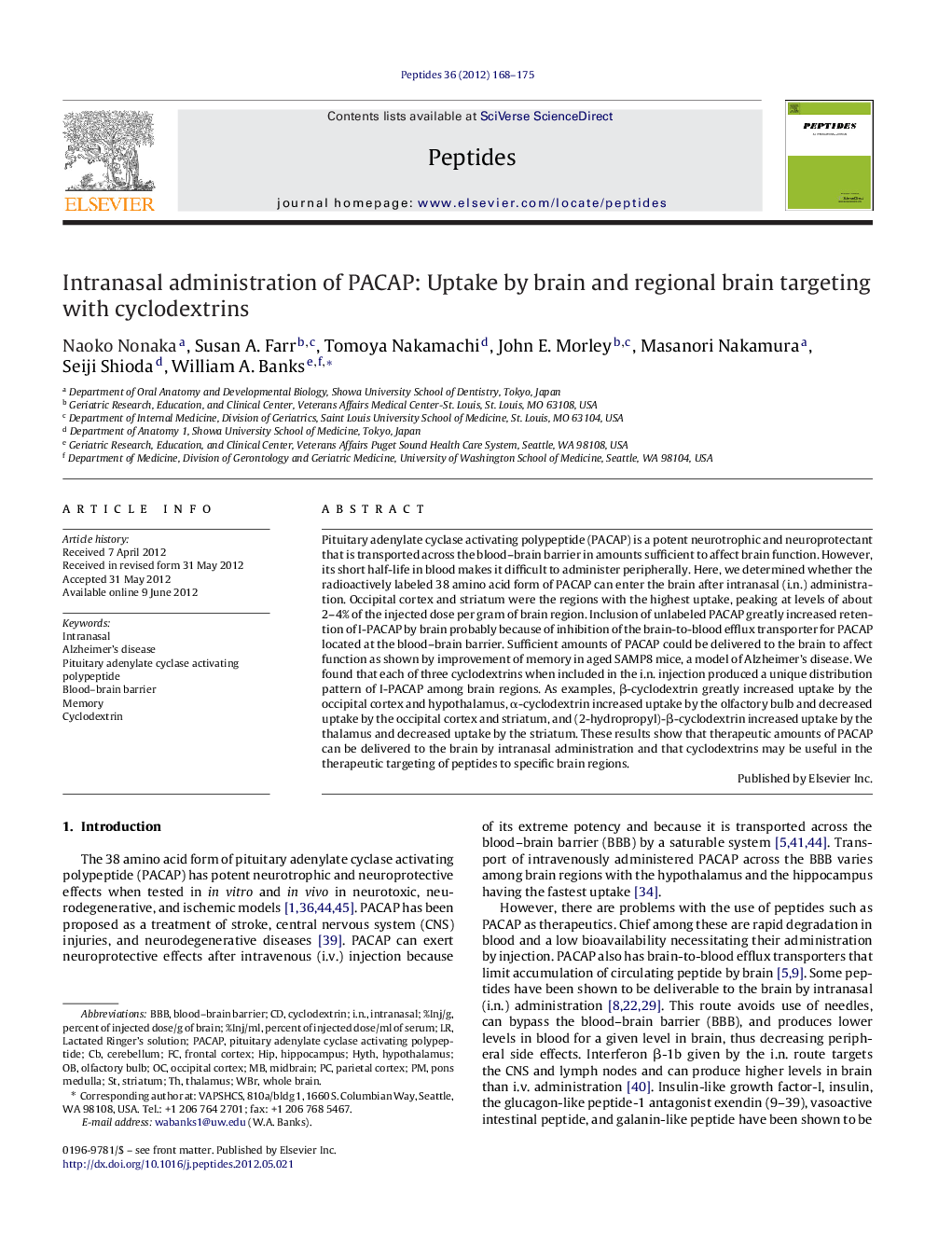 Intranasal administration of PACAP: Uptake by brain and regional brain targeting with cyclodextrins