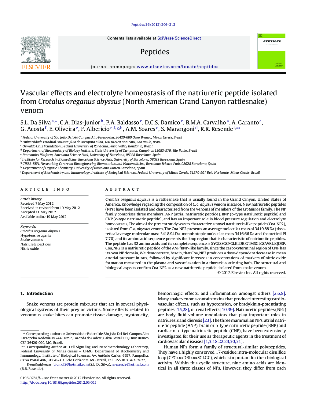 Vascular effects and electrolyte homeostasis of the natriuretic peptide isolated from Crotalus oreganus abyssus (North American Grand Canyon rattlesnake) venom