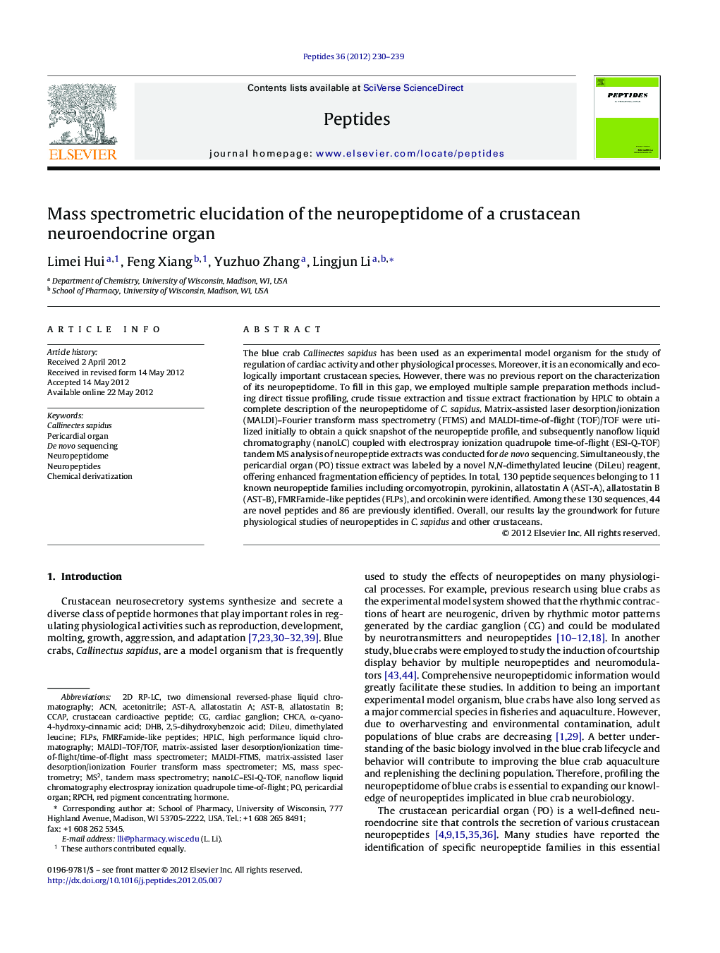 Mass spectrometric elucidation of the neuropeptidome of a crustacean neuroendocrine organ