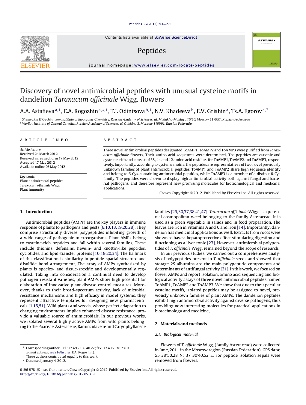 Discovery of novel antimicrobial peptides with unusual cysteine motifs in dandelion Taraxacum officinale Wigg. flowers