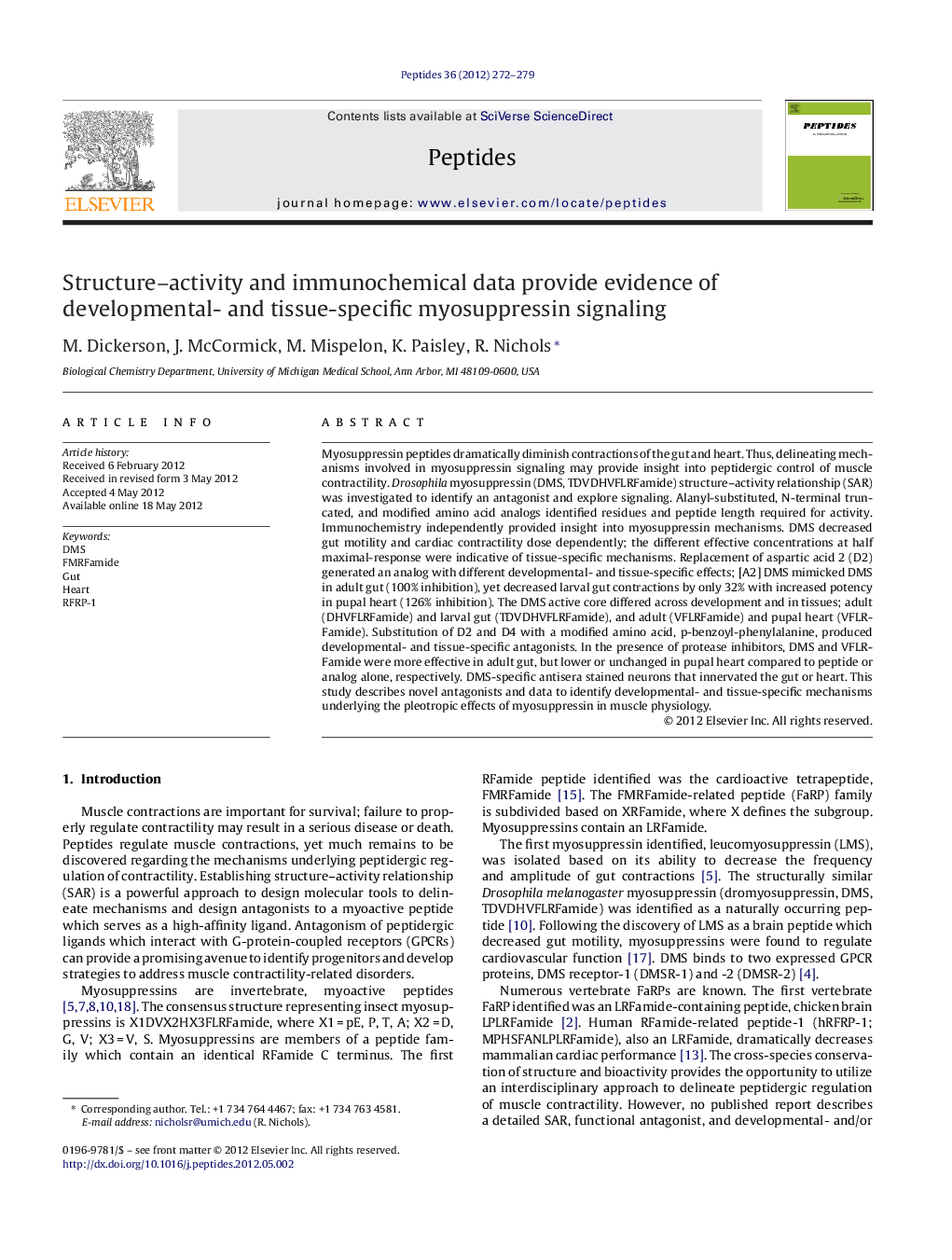 Structure-activity and immunochemical data provide evidence of developmental- and tissue-specific myosuppressin signaling