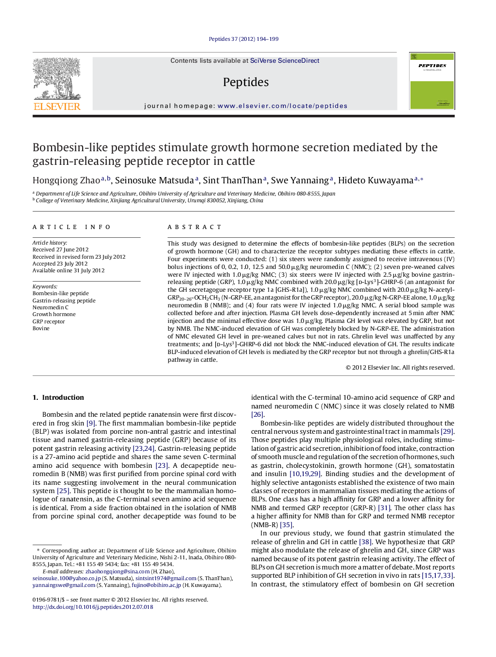 Bombesin-like peptides stimulate growth hormone secretion mediated by the gastrin-releasing peptide receptor in cattle