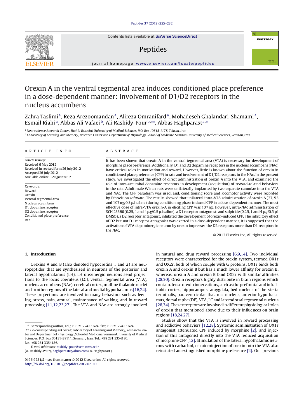 Orexin A in the ventral tegmental area induces conditioned place preference in a dose-dependent manner: Involvement of D1/D2 receptors in the nucleus accumbens