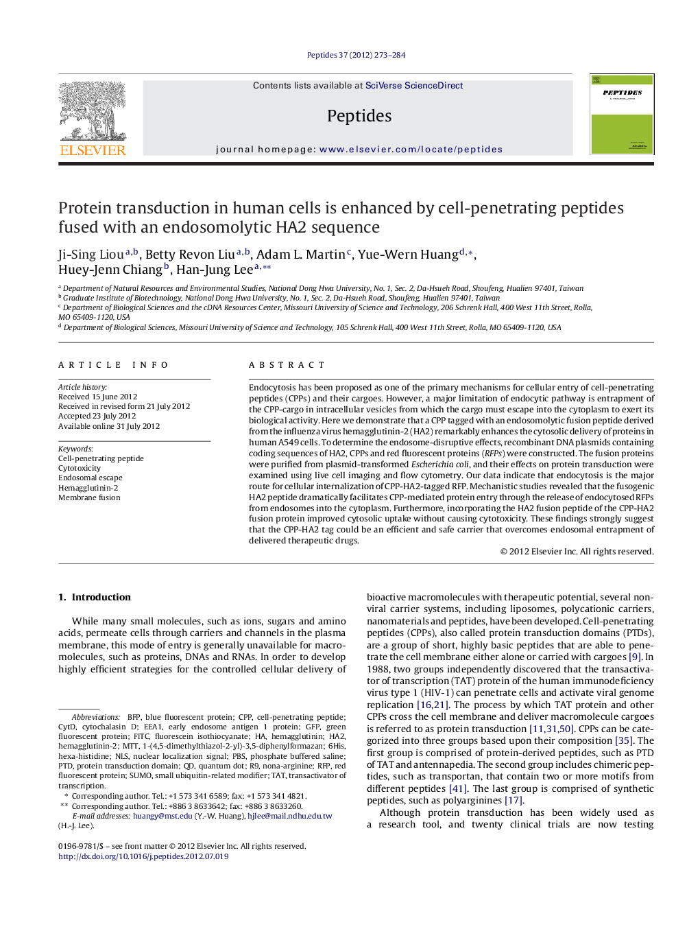 Protein transduction in human cells is enhanced by cell-penetrating peptides fused with an endosomolytic HA2 sequence