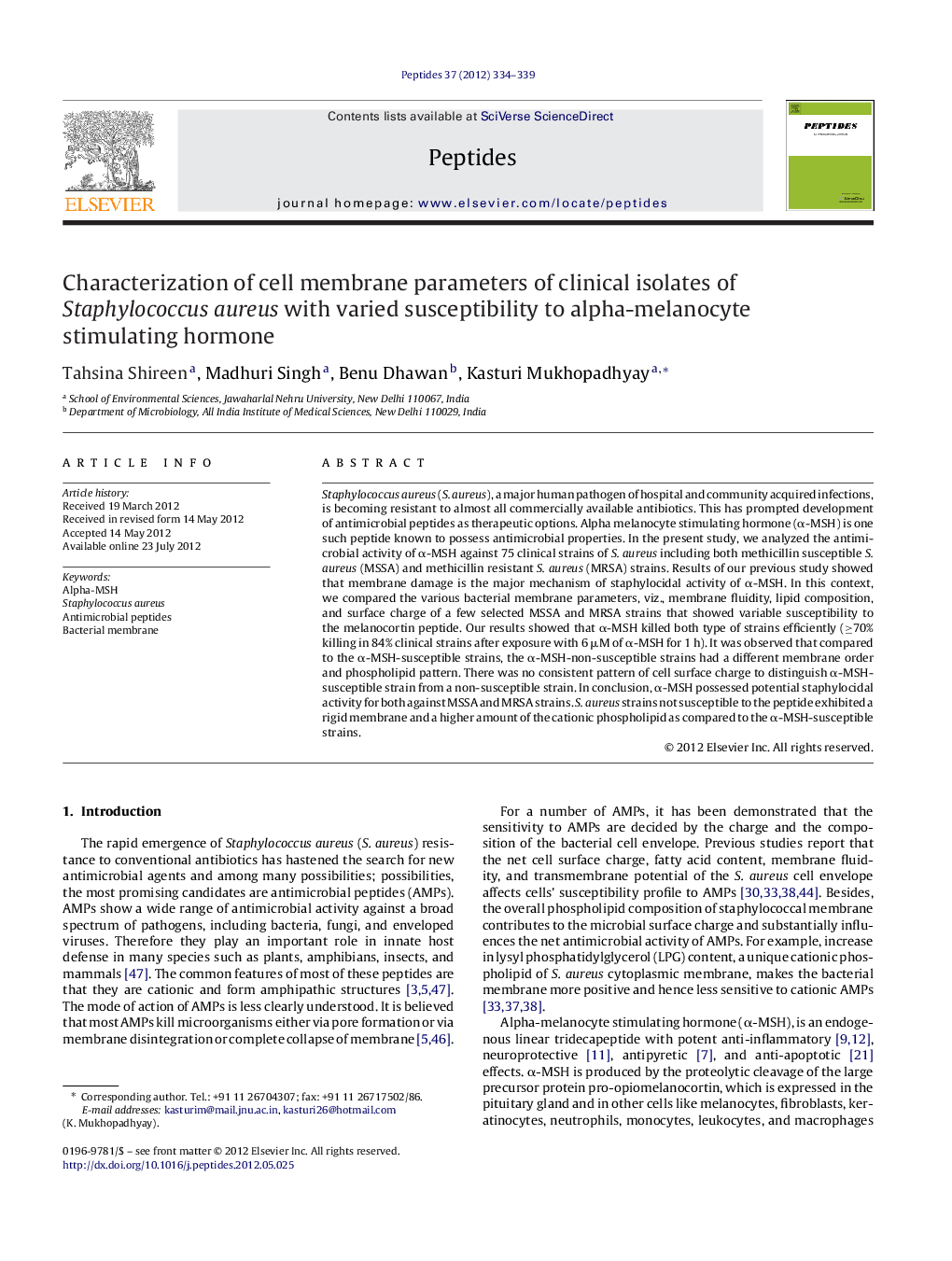 Characterization of cell membrane parameters of clinical isolates of Staphylococcus aureus with varied susceptibility to alpha-melanocyte stimulating hormone