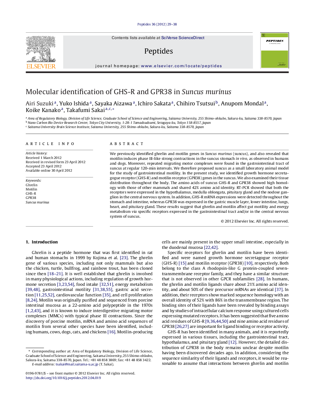 Molecular identification of GHS-R and GPR38 in Suncus murinus