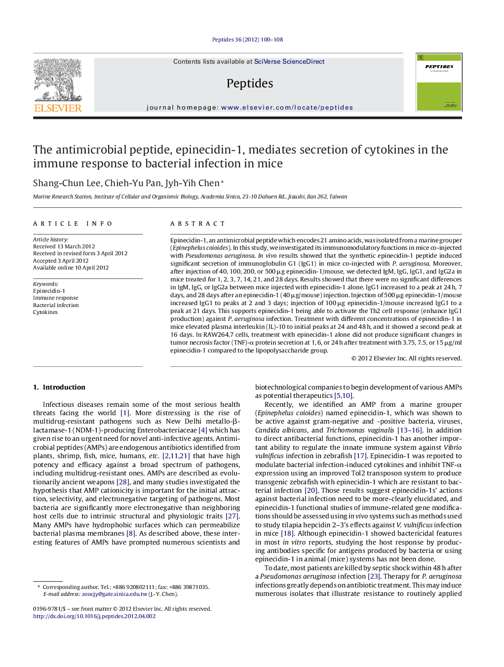 The antimicrobial peptide, epinecidin-1, mediates secretion of cytokines in the immune response to bacterial infection in mice